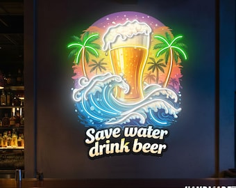 Beer Neon Sign: Palm Tree LED Light, Bar Wall Decor, Pub Sign