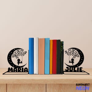 Custom Girl And Cat On The Moon Metal Bookends, Girl Name Bookend, Moon Table Sign, Bookshelf Home Decor, Book Lover Gift, Christmas Gift