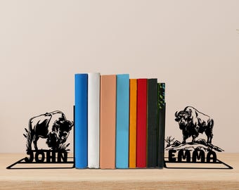 Custom Bison Metal Bookends, Bison Name Bookend, Bison Table Sign, Bison Bookshelf Home Decor, Wildlife Book Lover Gift, Christmas Gift