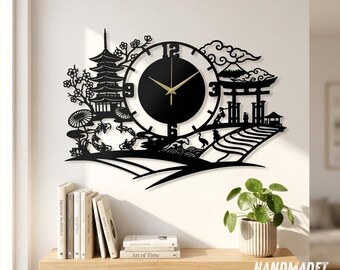 Japanese Landscape Wall Clock - Pagoda Silhouette Art, Zen Home Decor, Oriental Garden Housewarming Gift
