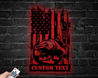 Custom US Flag Catfish Fishing Metal Wall Art LED Light, Catfish Metal Sign, Fishing Metal Light, Fishing Fan Club Metal Wall Art Decor