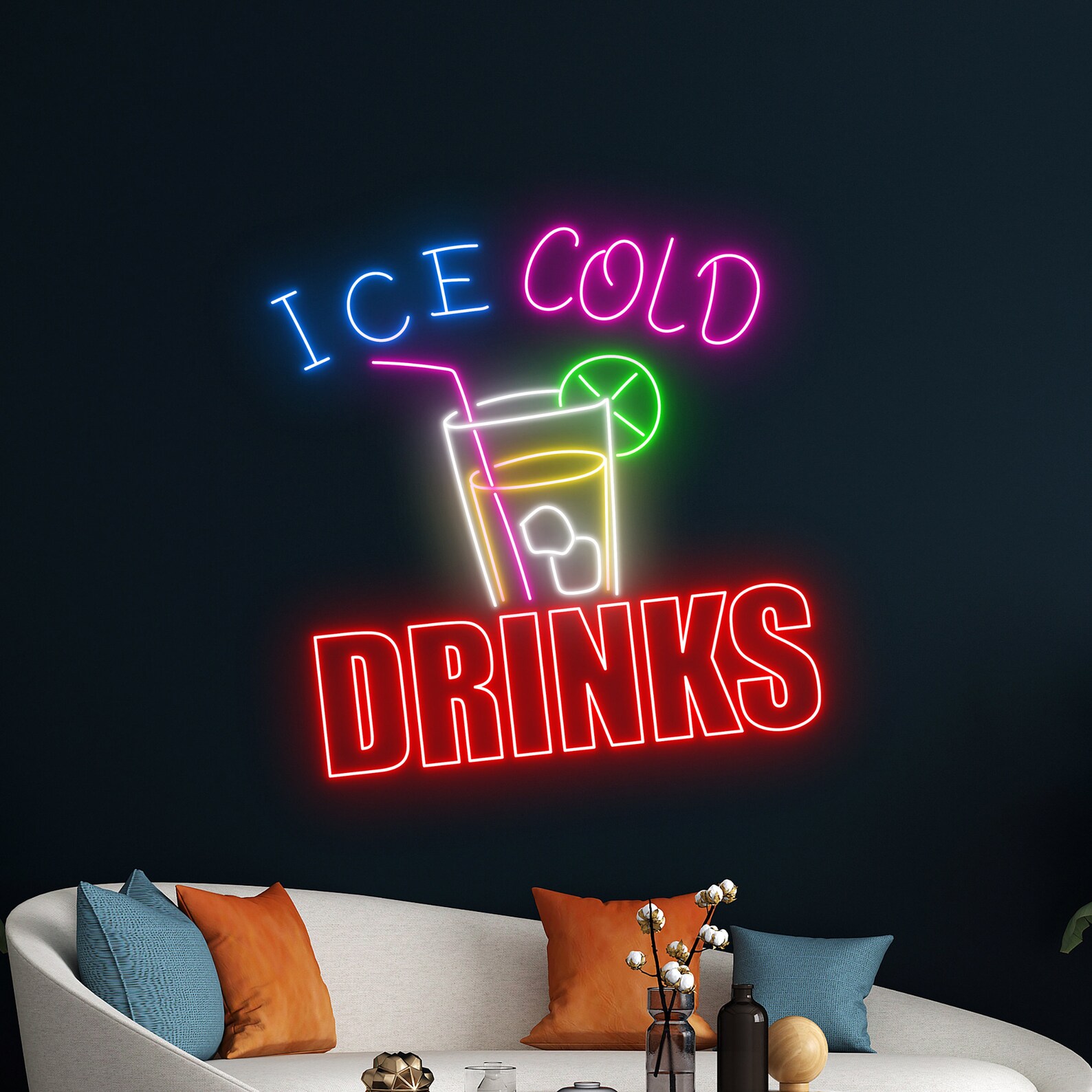 Ice Cold Drinks Neon Sign, Ice Cold Led Light, Cocktail Glass Led Sign ...