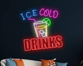 Ice Cold Drinks Neon Sign, Ice Cold Led Light, Cocktail Glass Led