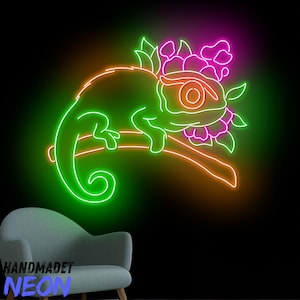 Chameleon Neon Sign, Chameleon Flower Led Sign, Floral Chameleon Led Light, Animal Neon Light, Chameleon Room Wall Art, Home Wall Decor