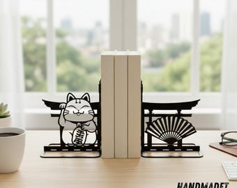 Personalized Lucky Cat Bookends Metal Sign, Custom Metal Torii Gate with Name, Gift For Book Lover, Cat Lover Gift, Torii Gate Metal Decor