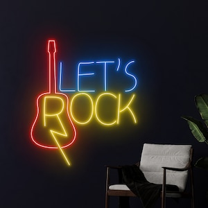 Let&#39;s Rock Guitar Led Sign, Rock n Roll Live Music Neon Sign, Guitar Wall Decor, Rock n Roll Led Light, Custom Neon Sign, Guitar Shop Decor
