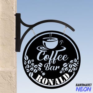 Personalized Coffee Bar Hanging Sign, Coffee Shop Outdoor Hanging Sign, Coffee Store Metal Blade Sign, Cafe Store Metal Business Sign