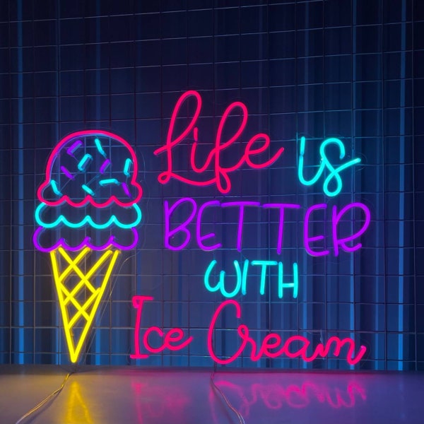 La vie est meilleure avec une crème glacée au néon, néon crème glacée, lumière LED crème glacée, art mural, décoration LED pour entreprise, enseignes LED crème glacée