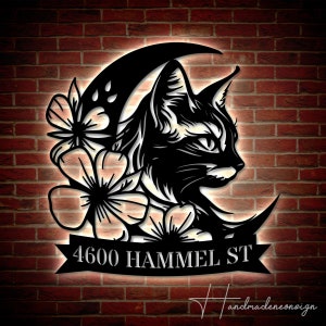 Personalized Floral Moon Cat Home Number Metal Sign  | Custom Floral Moon Cat Address Metal Sign | Outdoor Pet Lovers Address Sign Decor