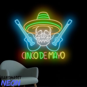 Letrero de neón del Cinco de Mayo, letrero LED con forma de guitarra y sombrero de calavera, luz de neón de Fiesta para festivales mexicanos, arte de pared para fiestas, decoración de pared para bares y pubs