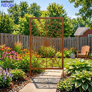 Könnte beinhalten: Ein dekorativer, rostfarbener Metall-Gartenzaun mit Spinnennetz-Design. Der rechteckige Zaun hat ein detailliertes Netzmuster und florale Akzente. Er steht in einem Garten mit einem Steinweg, umgeben von Blumen und Grün. Der Text "HANDMADET NEON" befindet sich oben links.