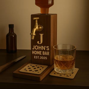 Personalized Bourbon Dispenser with Name Engraving – Wooden Whiskey Dispenser, Gift for Him, Home Bar or Man Cave Decor