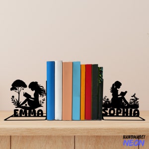 Custom Girl Reading Book Metal Bookends, Bookworm Name Bookend, Read Book Table Sign, Book Lover Bookshelf Home Decor, Back To School Gift