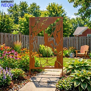 May include: A weathered metal garden screen featuring a climber silhouette. The screen is a rusty brown color and has cut-out designs of a climber on a rope. The screen is set in a garden with flowers and a wooden fence.