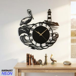 Custom Pelican Metal Wall Clock, Lighthouse Wall Art Decor, Coastal Home Wall Decor