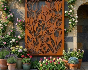 木製漆器アートパネル　GARDEN（ガーデン) Custom Tulip Metal Garden Wall Panel, Floral Rustic Outdoor