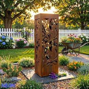 May include: A tall, rectangular, weathered metal garden sculpture with cut-out squirrel and oak tree designs. The sculpture is placed in a garden setting with a white picket fence, flowers, and a wheelbarrow.