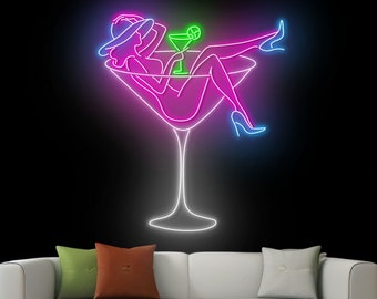A Woman In A Martini Glass Neon Sign, Martini Led Sign, Martini Cocktail Neon Light, Bar Pub Wall Art, Drinking Liquor Wall Sign Decor