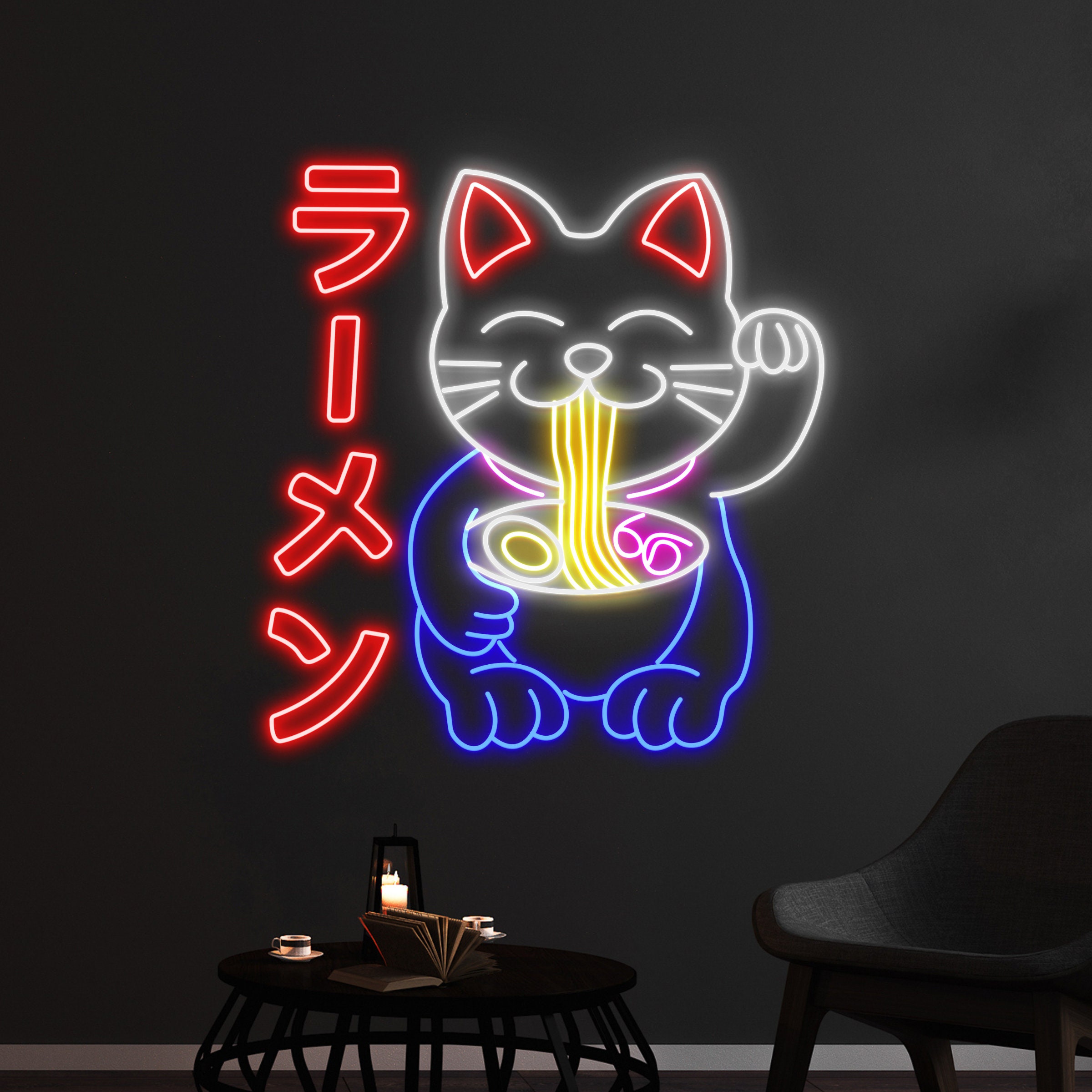 Lucky Cat Eating Ramen Neon Sign, Fortune Cat Eats Noodle Led