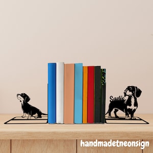 Custom Dachshund Metal Bookends Dachshund Name Bookend, Dog Table Sign, Bookshelf Decor, Book Lover Gift, Dog Metal Desk Decor, Home Decor