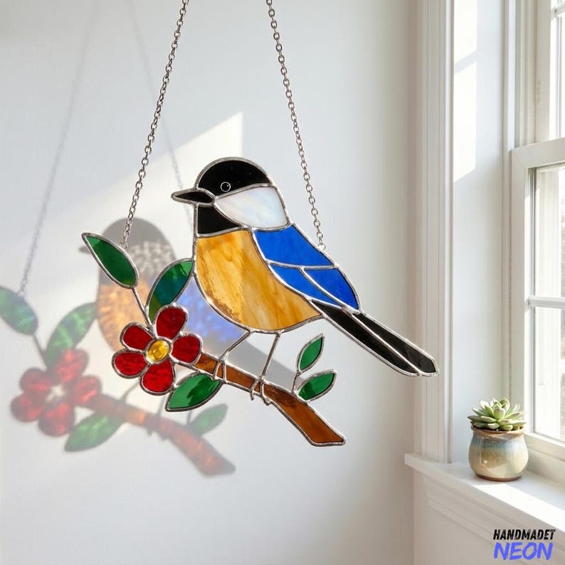 Custom Chickadee Bird Stained Glass Suncatcher, Bird Window Hanging ...