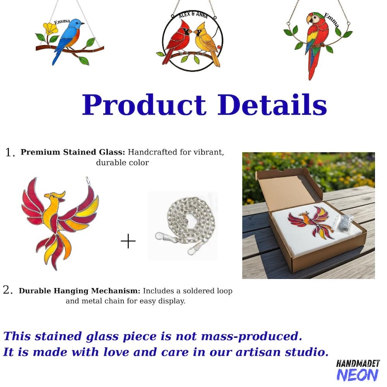 May include: Stained glass art pieces featuring a bluebird, cardinals, and a parrot, each with a name above. The image also shows a phoenix design, a metal chain, and a box with a phoenix stained glass piece. Text reads "Product Details".