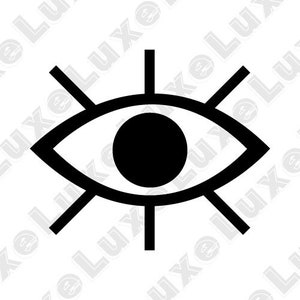 May include: A black and white graphic of an eye. The eye is outlined in black with a black circle in the center representing the pupil. Six black lines extend from the eye, three on each side, creating a stylized design.