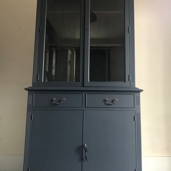 Dark Ink Blue And Black Glass Fronted Dresser Cabinet