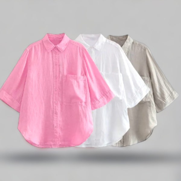 Loose Pocket Linen Shirts, Vinatge Short Sleeve Shirt, Button Up Female Blouses, Three Qaurter Sleeve Shirt Women