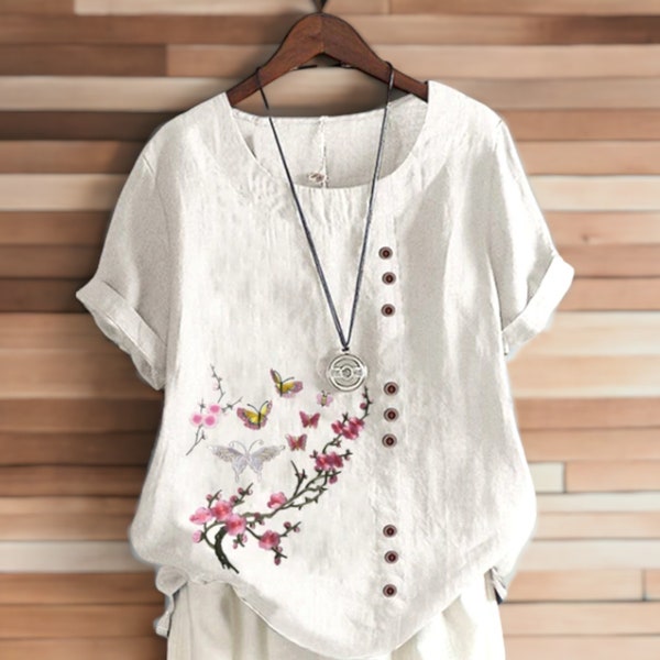 Round Neck Linen Shirt, Casual Summer Shirt, New Women Fashion, Short Sleeve Tops, Loose Blouse