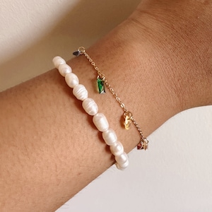 Freshwater Pearl Bracelet, Cubic Zirconia Bracelet, 18K Gold Stainless Steel, Dainty Bracelets, WATERPROOF, Sweatproof, Hypoallergenic, Gift