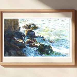 Acquerello Rocks by the Sea, stampato su carta di alta qualità