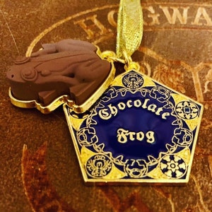 Może przedstawiać: Złoty wisiorek z ciemnoniebieskim środkiem, z napisem "Chocolate Frog" w białym skrypcie. Dołączony jest brązowy urok żaby. Wisiorek zawieszony jest na złotej wstążce.