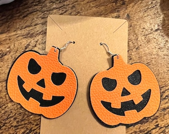 Halloween Pumpkin Faux Leather Drop Earrings
