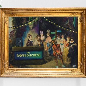 May include: A framed painting with a gold ornate frame. The painting depicts a party scene with people in costumes, a DJ booth with the text "THE RAVIN DUCHESS", and string lights. A vase of white flowers is to the left.