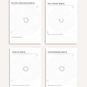 Könnte beinhalten: Vier weiße Journalseiten mit Spiraldesigns und Aufforderungen zur Selbstreflexion. Titel sind "Racing Thoughts Spiral", "Self-Doubt Spiral", "Anxiety Spiral" und "Overthinking Spiral". Jede Seite hat eine Stern-Grafik.