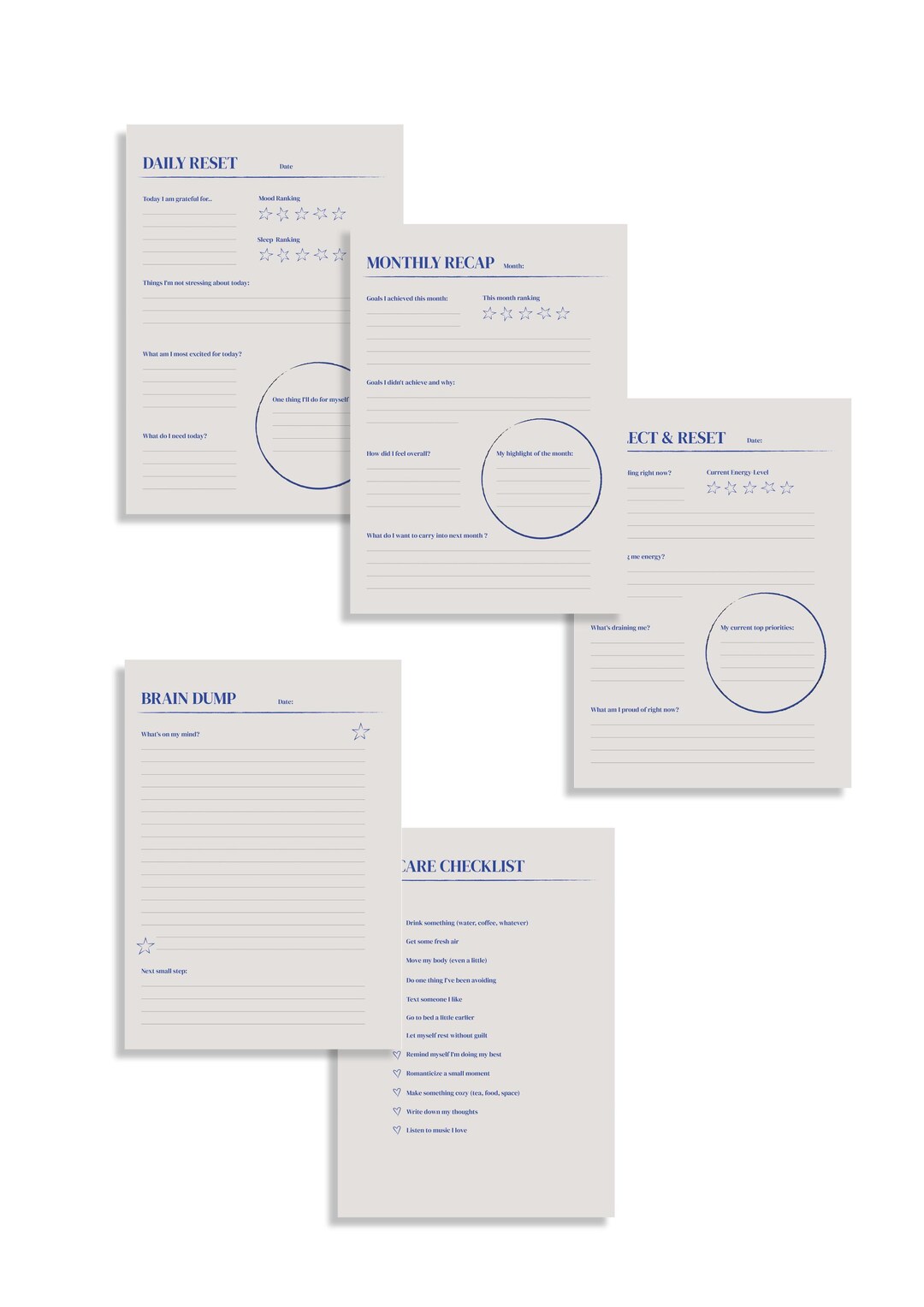 Blue Self Care Journal Printable | 5 Page Reflection Planner ...