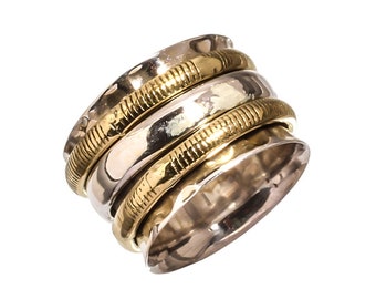Handcrafted Unique Hammered Mixed metal Ring Solid Gold Spinner Ring Two Tone Solid 9k Yellow Gold And 925 Sterling Silver Statement Ring