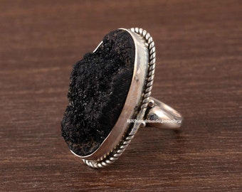 Black Druzy Ring, Rough Lace Agate Durzy Ring, Sterling Silver Ring, Uncut Gemstone Ring, Crystal Raw Stone Ring, Healing Crystal Ring