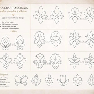 Pode incluir: Uma folha de modelos digitais intitulada Solcraft Originals Pellon Template Collection apresentando desenhos de linhas pretas de várias formas florais e inspiradas na natureza em uma grade, incluindo pétalas, folhas, bagas e uma borboleta.