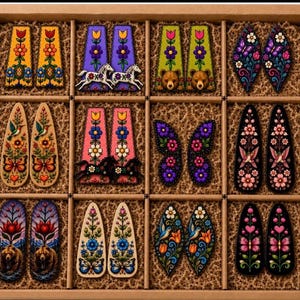 May include: A collection of twelve pairs of decorative hair clips arranged in a cardboard box. The clips feature various colorful designs including floral patterns, butterflies, hummingbirds, horses, and bears on different shaped bases.