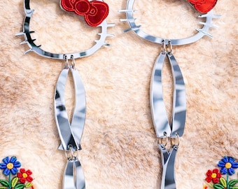 Silver Mirror Hello Kitty Dangle Earrings | Long Statement Earrings | Red Bow Accent | Cute & Bold Acrylic Jewelry