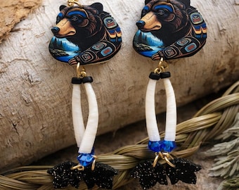Native American Bear Dangle Dentalium Earrings  Woodland Indigenous Style Earrings, Handmade Beaded Bear Earrings, Nature Inspire