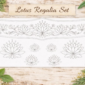 May include: A white paper with a floral design, featuring the text "Lotus Regalia Set". The design includes lotus flowers and decorative elements. The image is set against a wooden background with floral accents.