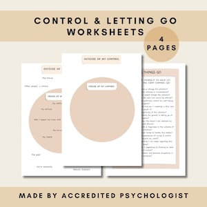 以下が含まれることがあります： コントロールと手放すワークシート: コントロールできることとできないことを特定するのに役立つ、印刷可能なワークシート4枚セット。ワークシートには、「自分のコントロール内」と「自分のコントロール外」に分けられた円があり、思考と行動を振り返るためのプロンプトが記載されています。