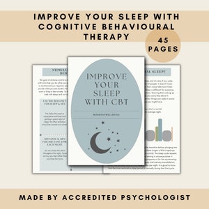 May include: A blue and white printable guide titled "Improve Your Sleep With CBT" with a crescent moon and stars graphic. The guide is part of a series called "Words of Wellbeing".