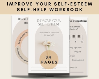 May include: A pink and white self-esteem workbook with a flower illustration and the text "Improve Your Self-Esteem" and "34 Pages".
