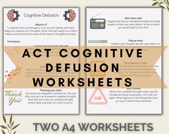 Cognitive defusion worksheets, ACT worksheet, Depression help, therapy worksheet, mental health worksheet, PDF digital download