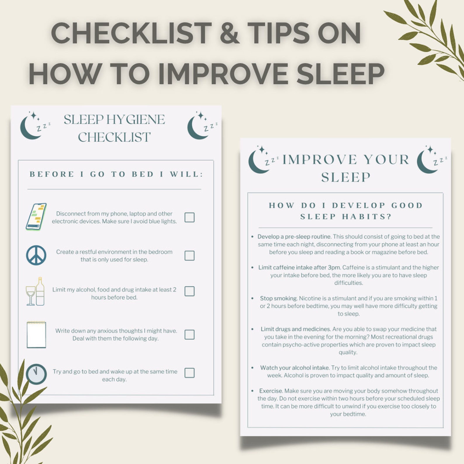Improve Your Sleep CBT Worksheets, Therapy Worksheets, Sleep Hygiene