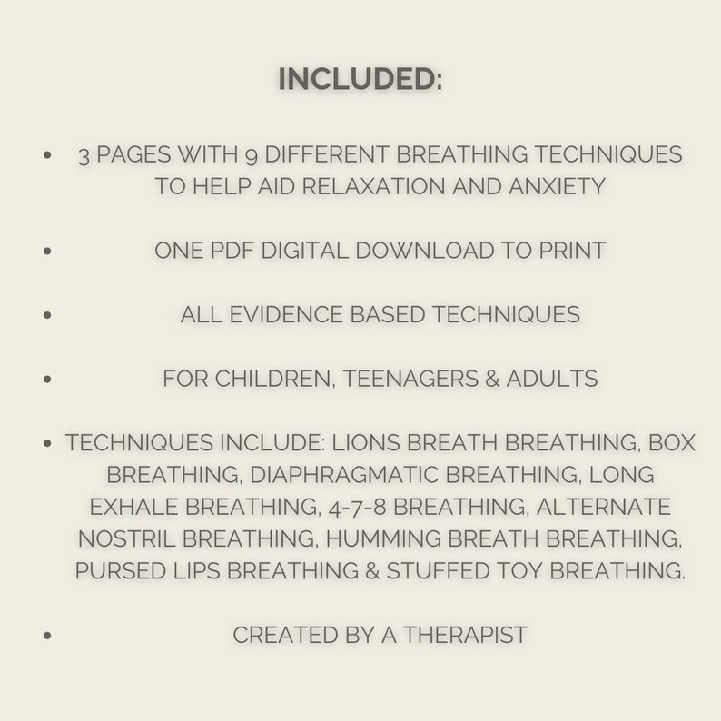 K&ouml;nnte beinhalten: Ein druckbarer PDF-Leitfaden mit 9 verschiedenen Atemtechniken zur Entspannung und Linderung von Angstzust&auml;nden. Erstellt von einem Therapeuten, enth&auml;lt er Techniken f&uuml;r Kinder, Jugendliche und Erwachsene.